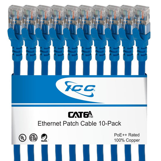 ICC CAT6A U/FTP RJ45 Ethernet Patch Cord, 500 MHz, 5 FT, Blue, 10-Pack