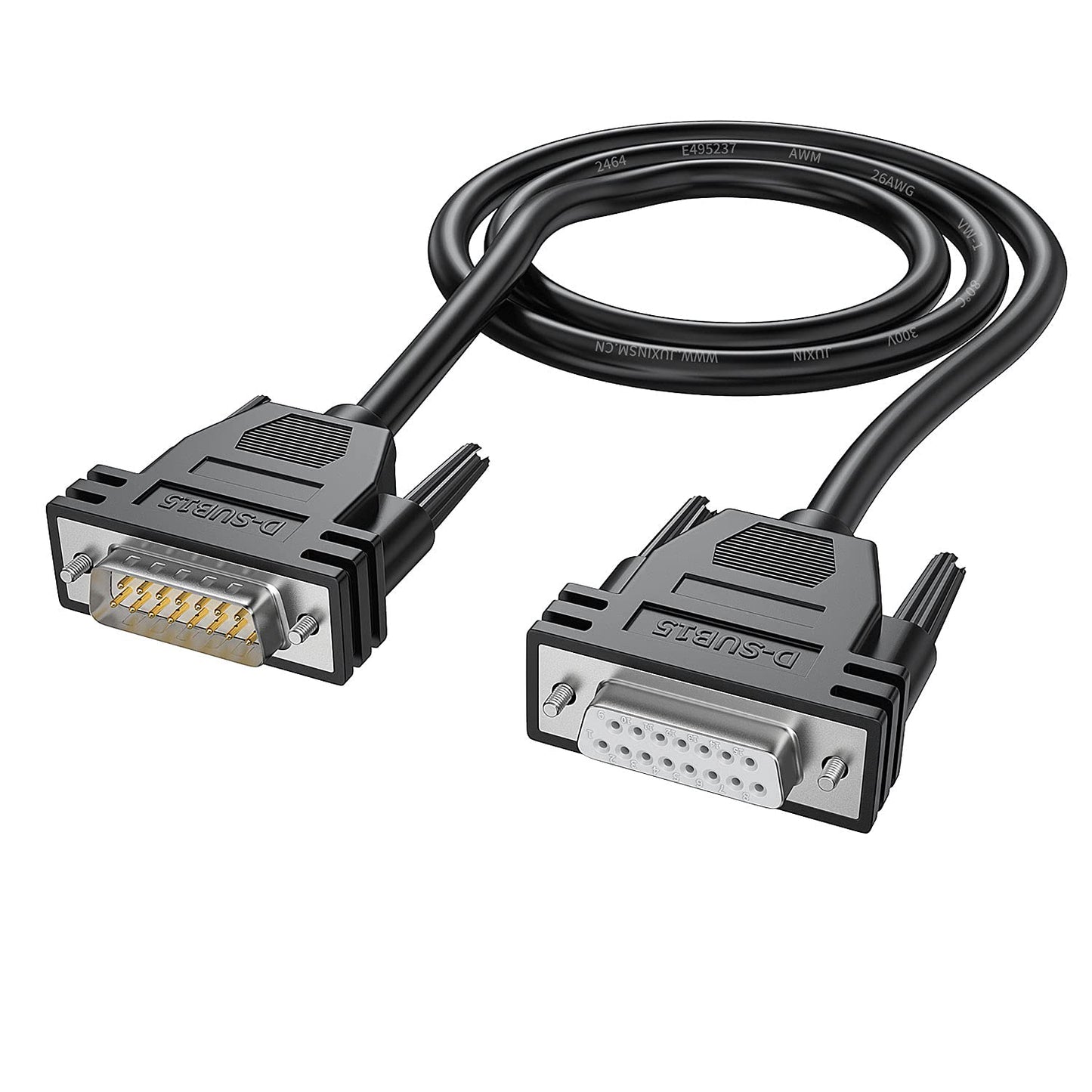 JUXINICE DB15 Cabel Male to Female Double Shielded 5ft,DB 15 Extension Cable Black, 26awg Tinned Copper D-SUB 15 pin Serial Cable Straight Through