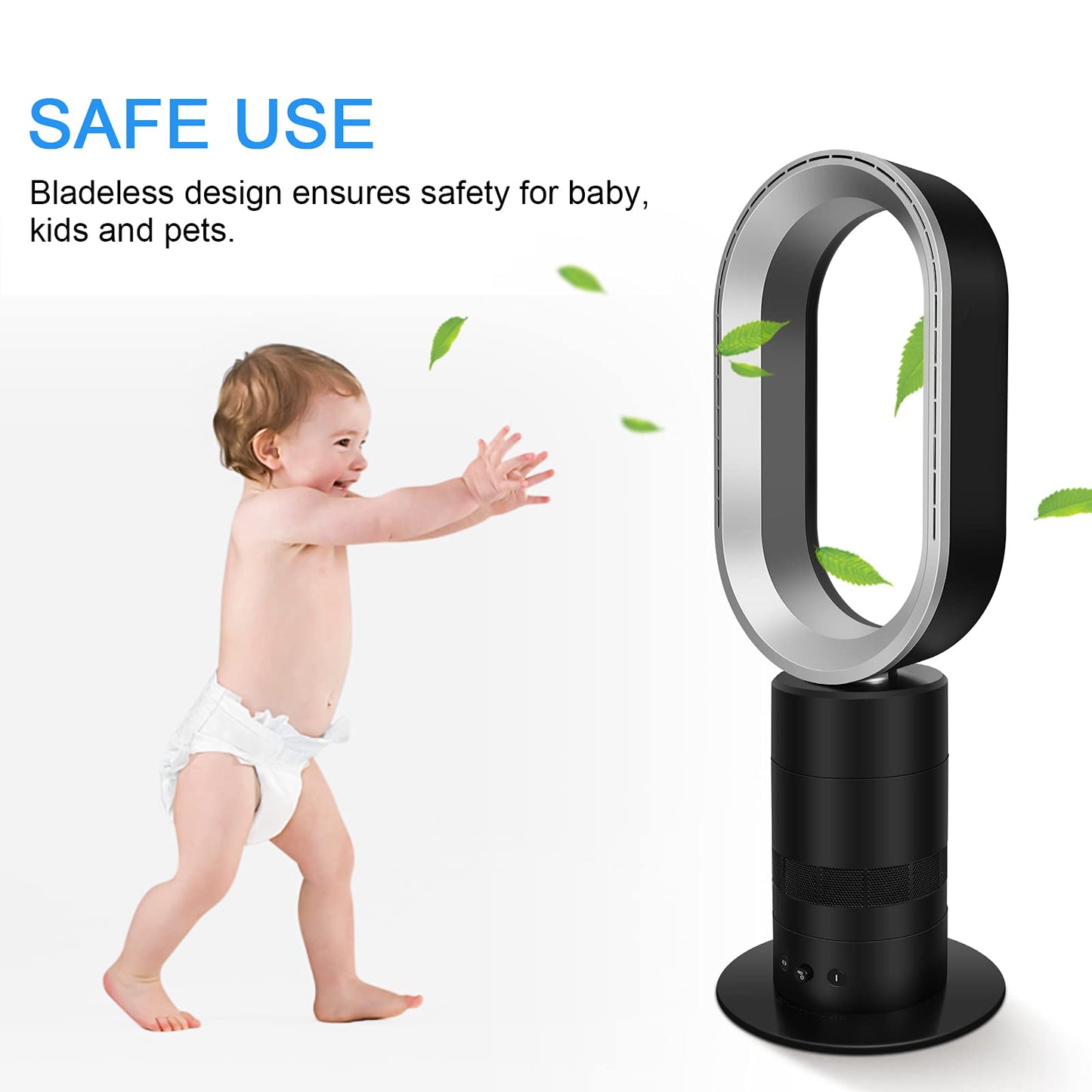 HealSmart 27 Inch Bladeless Tower Fan with Timing Closure and Remote Control, Low Noise Air Circulator Floor Fan for Home and Office Use, Adjustable
