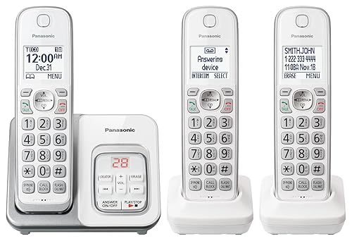Panasonic Expandable Cordless Phone System with Answering Machine and Call Block - 3 Cordless Handsets - KX-TGD633W (White/Silver)