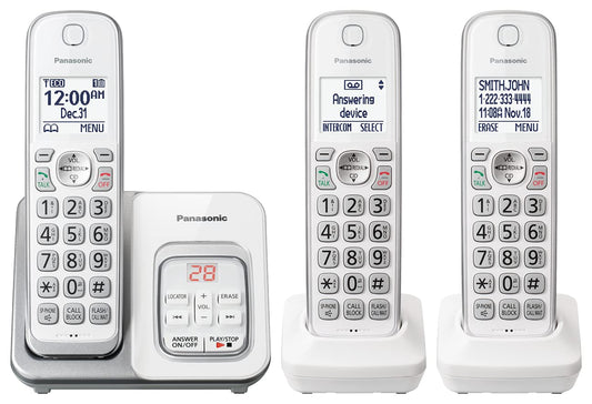 Panasonic Expandable Cordless Phone System with Answering Machine and Call Block - 3 Cordless Handsets - KX-TGD633W (White/Silver)