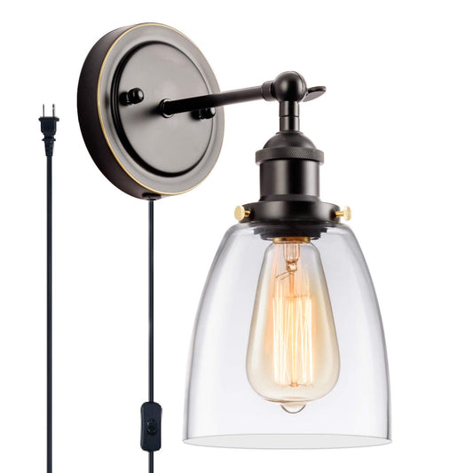 GLADFRESIT Industrial Wall Sconce Plug in Black, Adjustable Head Modern Ceiling Light Fixture Clear Glass Shade Wall Lamp 2 in 1 Design On/Off Switch