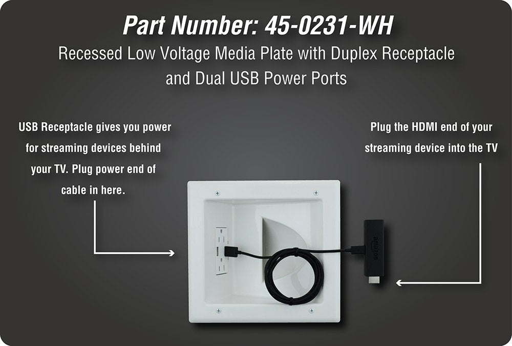 DATA COMM Electronics 45-0231-WH USB Recessed Media Outlet Box, In-Wall Cable Management, Duplex Receptacle,4.0 Amp Dual USB Ports, Large Cable