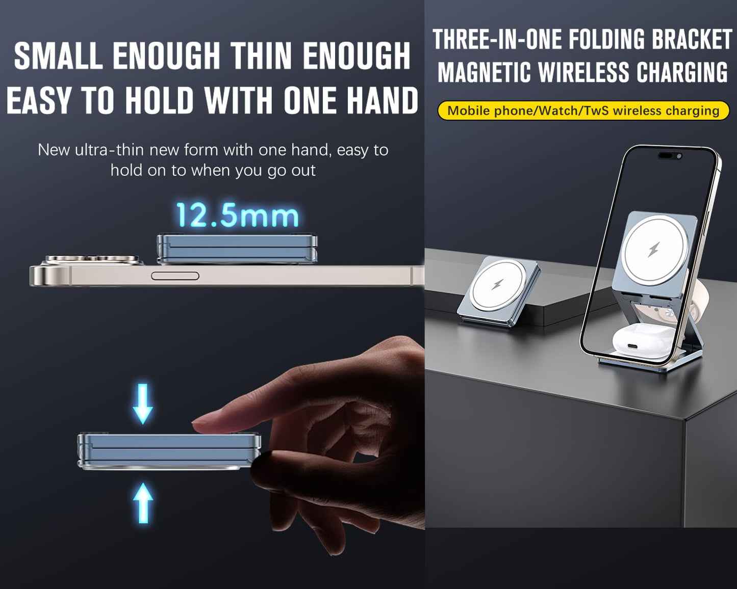 LFGKMZ 3 in 1 Wireless Charger Station,Aluminum Alloy Foldable Travel for iPhone Wireless Charger Fast 15W Charging,Mag Safe Charger Stand