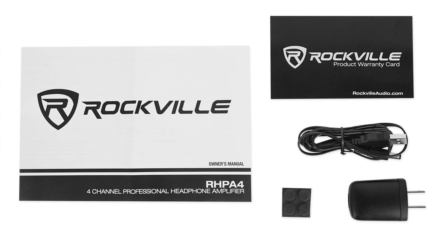 Rockville RHPA4 4-Channel Headphone Amplifier, Stereo/Mono Switch, Dual 1/4" and 3.5mm Outputs per Channel, USB Power, for Studio and Podcast