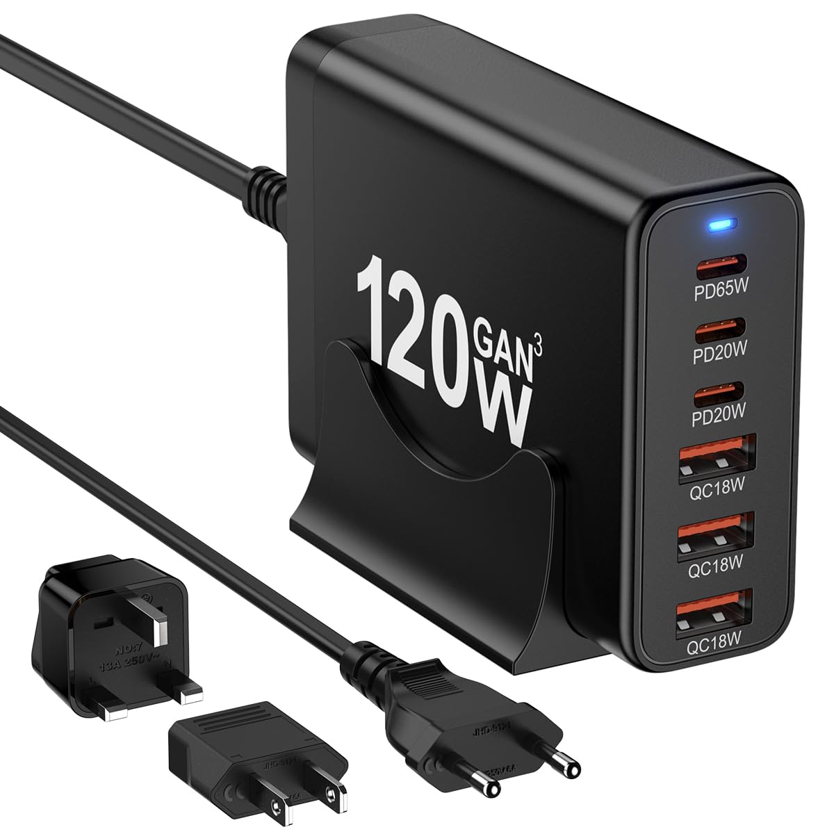 European USB C Charger Station Fast Charging Hub Europe Travel Power Adapter Multiple 6 Multi Port 120W GaN PD QC Block EU UK US Plug for Apple iPhone