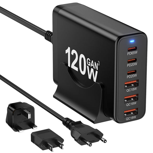 European USB C Charger Station Fast Charging Hub Europe Travel Power Adapter Multiple 6 Multi Port 120W GaN PD QC Block EU UK US Plug for Apple iPhone
