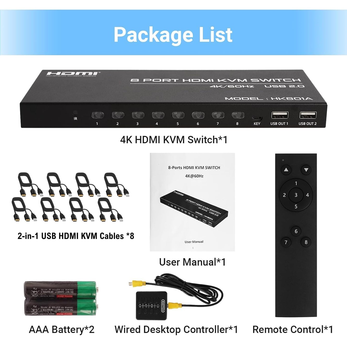 8 Port HDMI KVM Switch, 4K@60Hz 8 in 1 Out HDMI KVM Switch for 8 Computers Share 1 HD Monitor and 4 USB Devices, Including 8 HDMI Cables and Remote