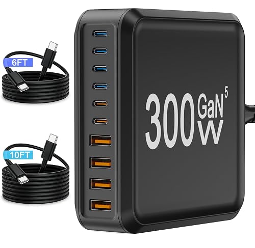 USB Charger Station,10 Port USB C Charger Block with 6FT/10FT Cables,300W GaN Type C Charging Hub iPhone Charger Fast Charging for iPhone 17 16 15 Pro