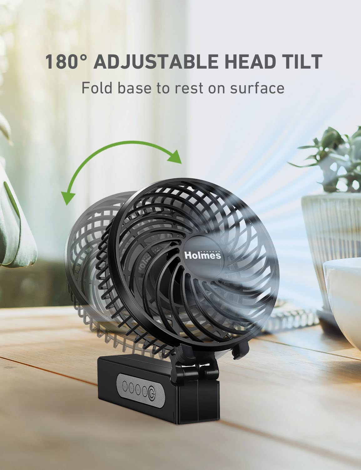HOLMES 4" Portable, Handheld, Personal or Desk Fan, 3 Speeds, Rechargeable battery, USB-C Charging Cable, 180° Adjustable Head, Lightweight, Compact