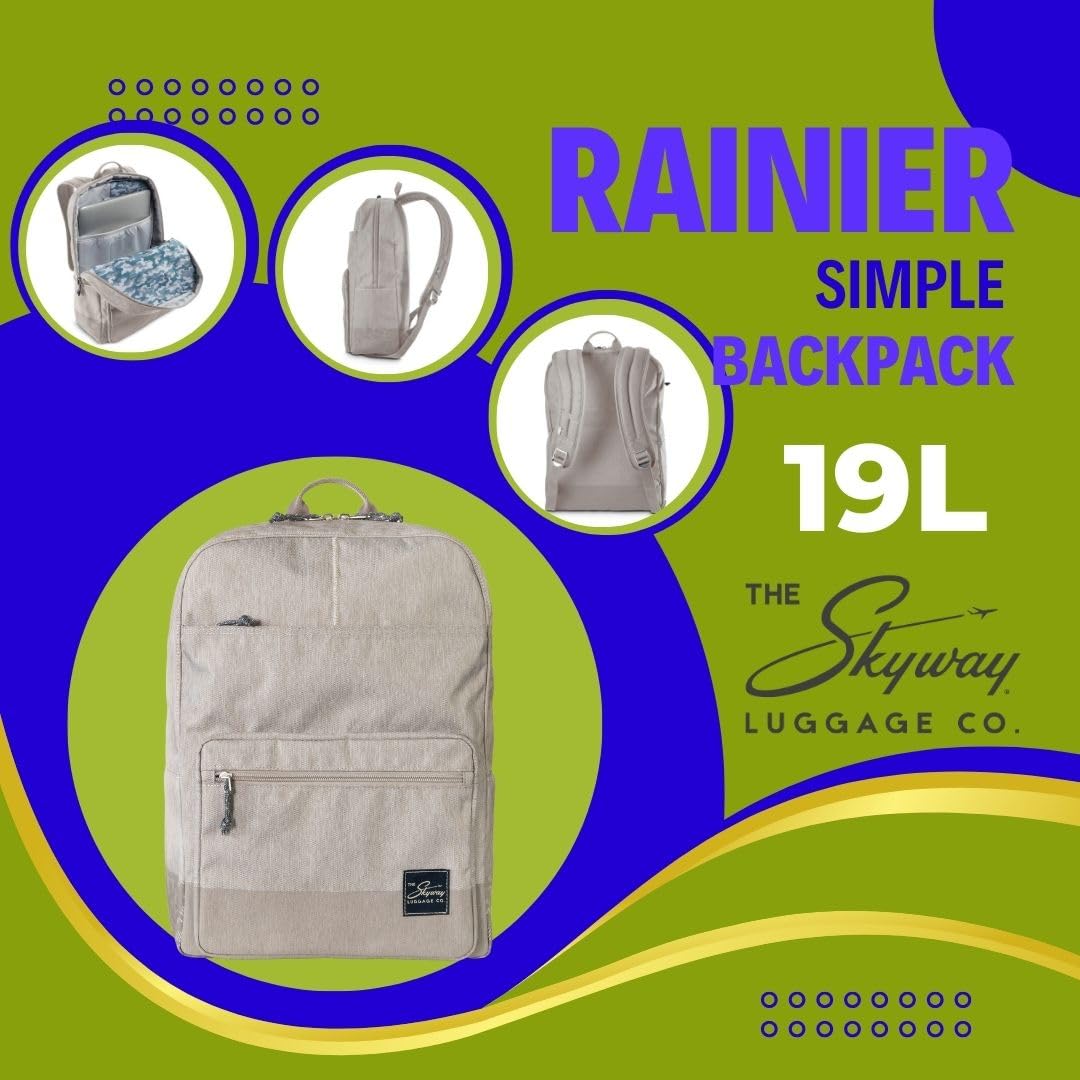 Skyway Luggage Rainier Simple Backpack, Eco-Friendly Made of 100% rPET Travel Laptop Bag for Women & Men, Flight Approved Carry On Bag, 16L, Zion Gray