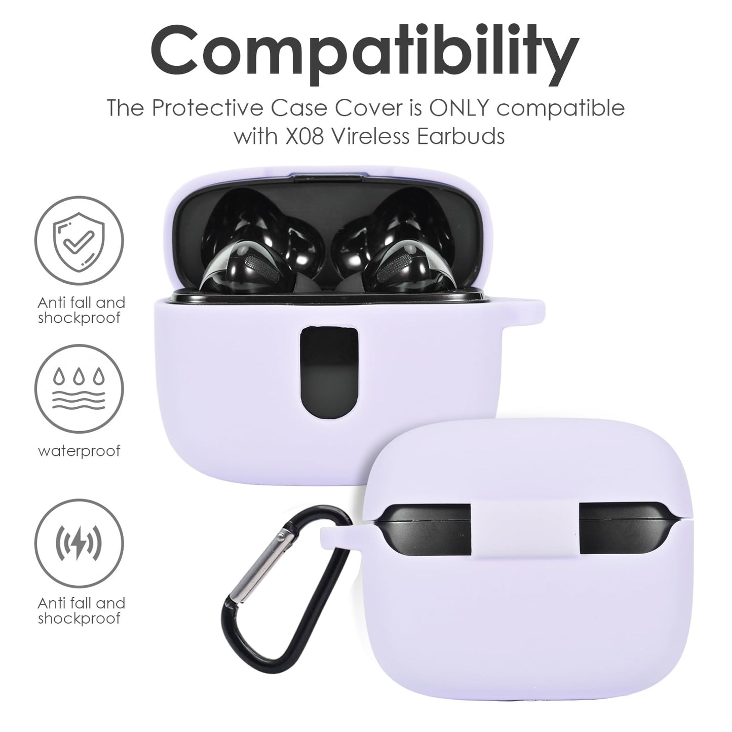 Claiol Premium Silicone Case for TAGRY X08 Wireless Earbuds with Carabiner. (Lavender)