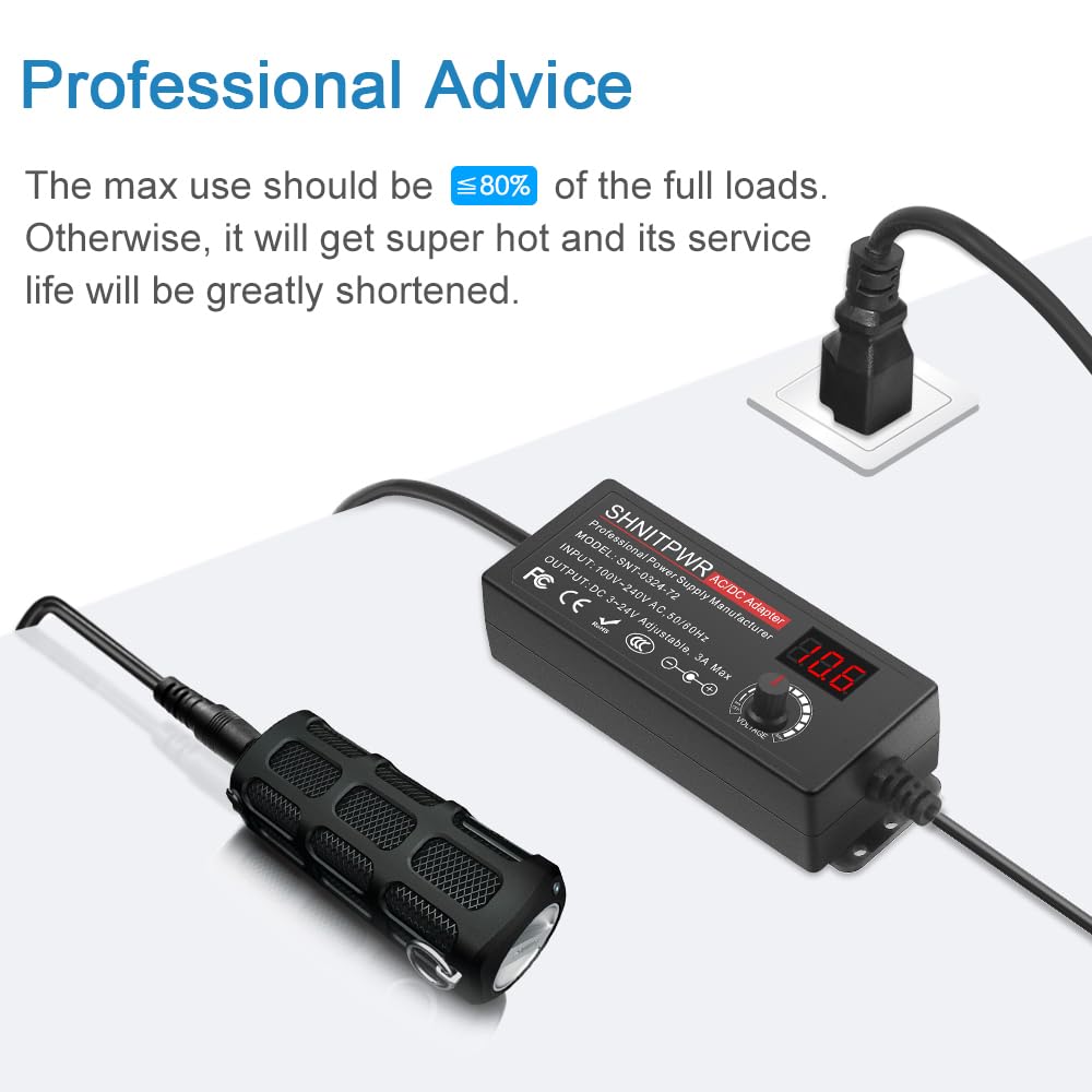 SHNITPWR 72W Adjustable Power Supply – 3V-24V 3A Universal AC/DC Adapter 100-240V to DC Converter with 14 Tips for Multiple Devices