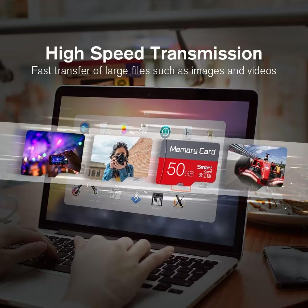 50GB TF Card with SD Adapter, C10 U3 Ultra High Speed Flash SD Card TF Memory Card