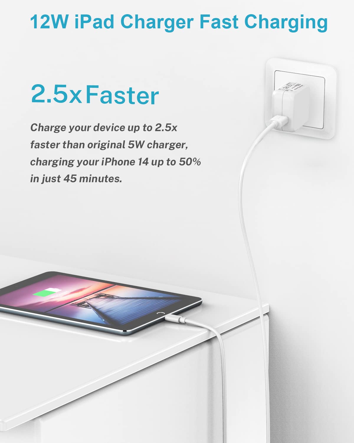 Apple iPad Charger Wall Charger and Cord 10 ft 2Set,12W iPad Fast Charging Block and Cord 10 ft Apple Certified Lightning Cable for iPad 7th 8th 9th