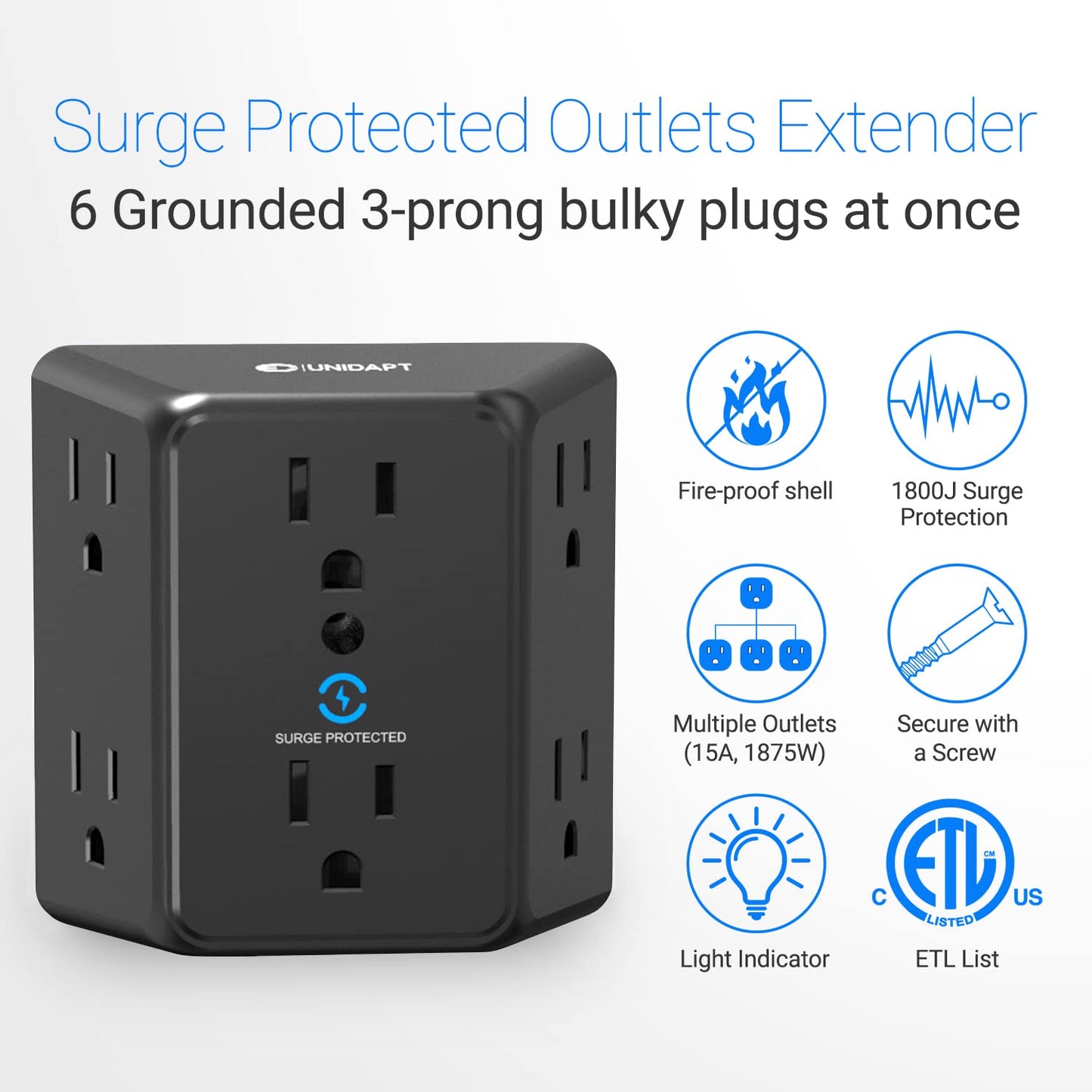 Multi Plug 6 Outlet Extender, Unidapt Black Surge Protector Wall Splitter, 900J Power Strip 3 Side Wide Spaced Adapter Multiple Charger Expander