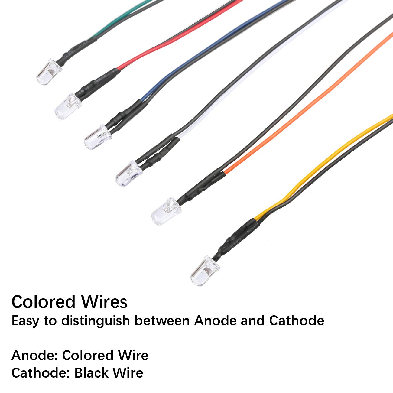 EDGELEC 56pcs (7 Colors x 8pcs) 12 Volt LED Lights Emitting Diodes Pre Wired DC 12v 5mm LED Assorted Kit Clear Lens- White Warm-White Red Yellow Green