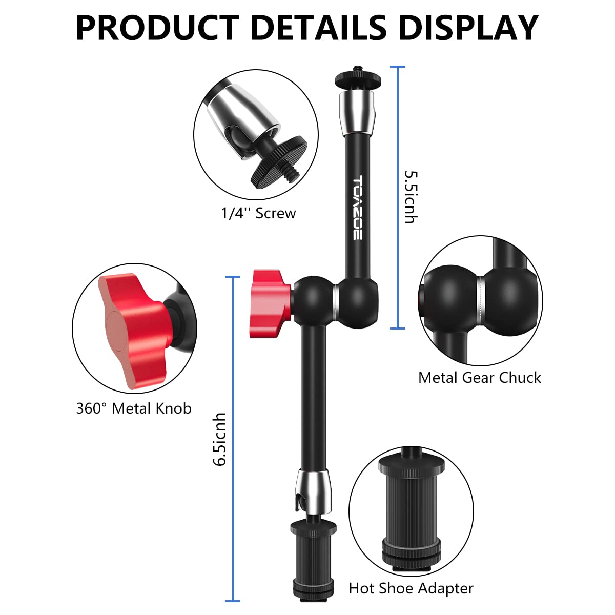 Adjustable Magic Arm, TOAZOE 11 Inch/28 cm Articulating Friction Arm Camera Mount with Both 1/4" Thread Screw Compatible with Camera, LCD Monitor