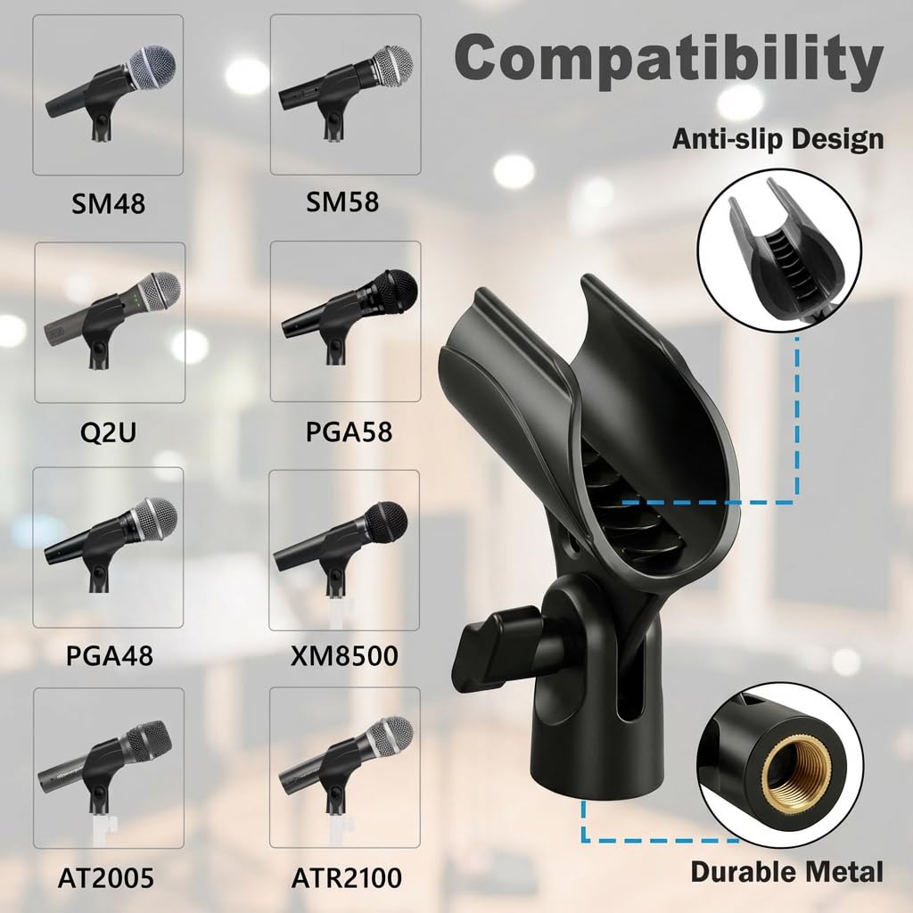 Mictop Upgraded Adjustable Microphone Clip, Universal Mic Clip Holder for Mic Stand, Compatible with Dynamic Microphone, Come with 5/8" to 3/8" Screw