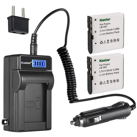 Kastar 2-Pack LB-060 Battery and LCD AC Charger Compatible with Kodak LB-060 LB060 Battery, Kodak PixPro AZ521 AZ522 AZ525 AZ526 AZ527 AZ528, HP