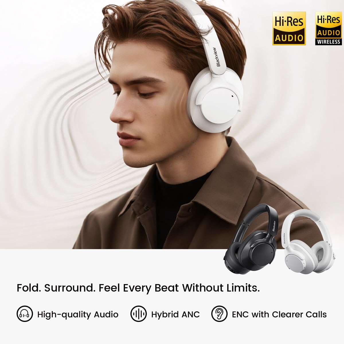 Blackview FitBuds H1 Over-Ear Bluetooth Headphones, Hi-Res Audio, Hybrid ANC, 65H Playtime, Bluetooth 5.4, USB-C Fast Charging, Comfortable Memory…