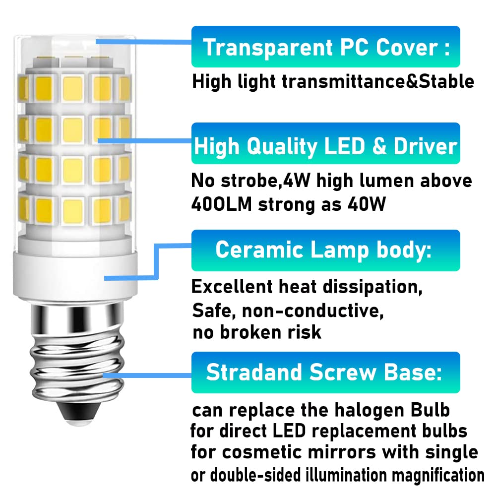 SZKOV 2-Pack 4W LED Bulb for Cosmetic Vanity Makeup Mirror with Single Double Sided Lighted Magnification 120V Mirror Replacement Bulbs 40W Equivalent