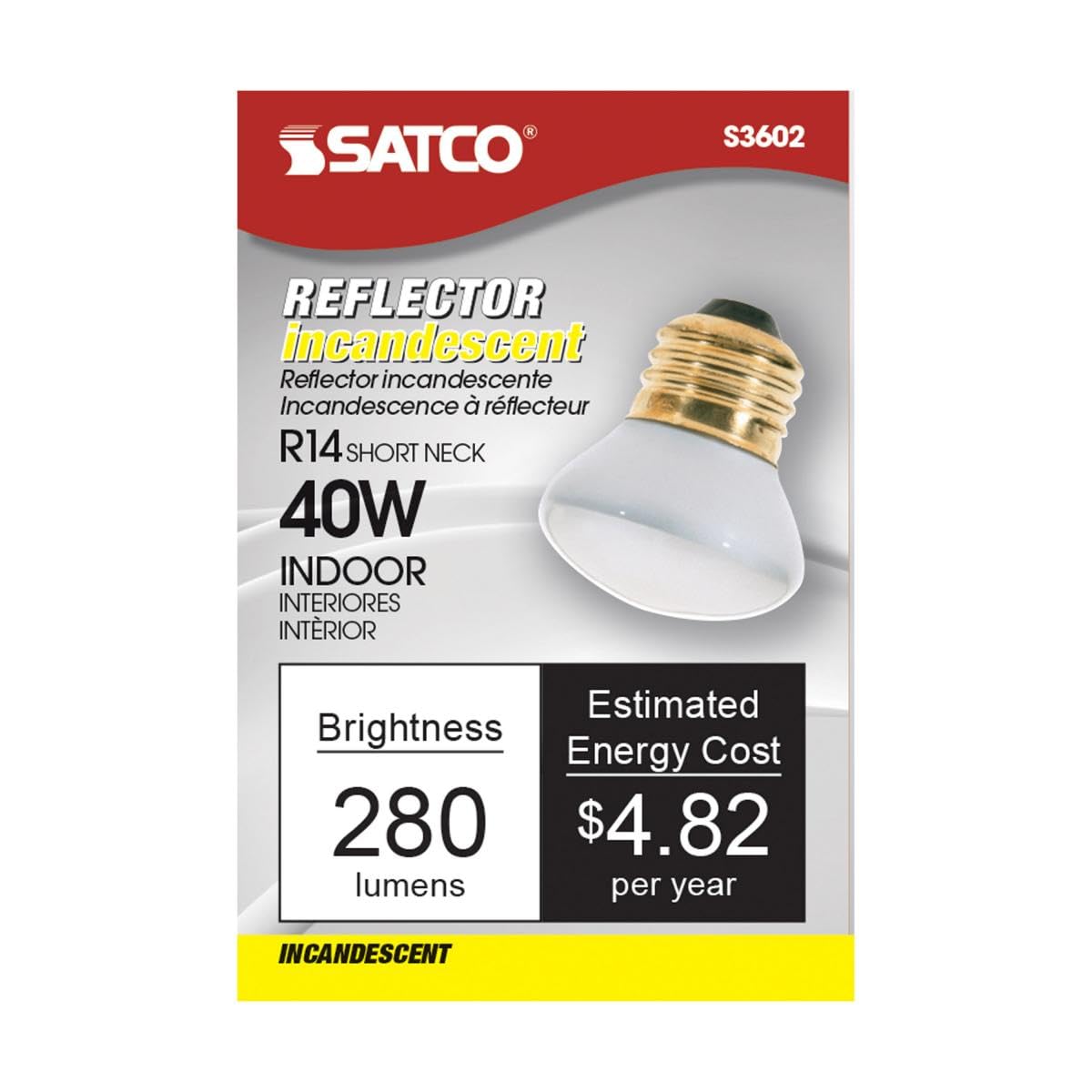 Satco 40R14 Incandescent Reflector, 40W E26 R14 Stubby, Clear Bulb