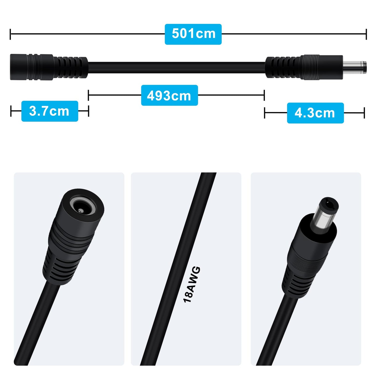 YINGAYOU DC Power Extension Cable 5.5mmx2.1mm 18AWG DC Cable Male to Female 5V 6V 9V 12V 24V 3A for Security Cameras, DVR, Router, Printer, LED Strip
