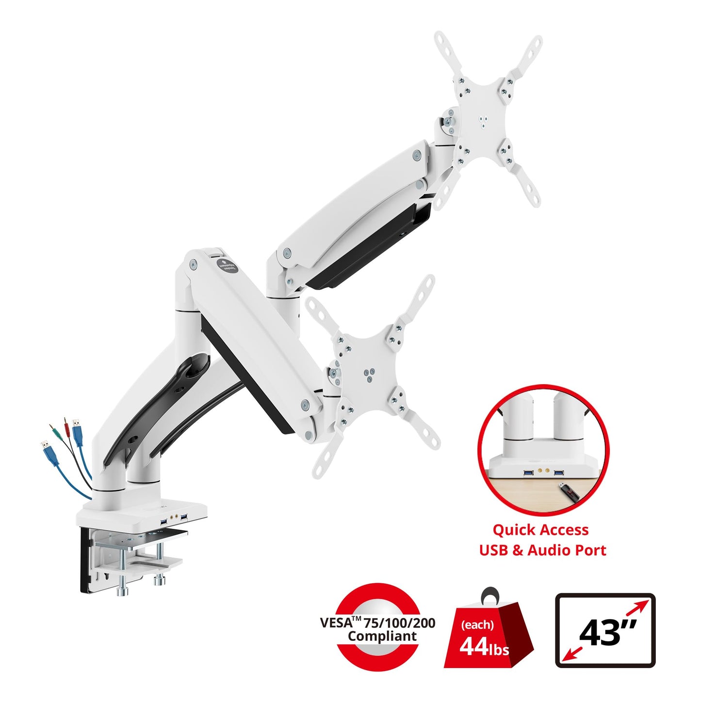 SIIG Dual Monitor Desk Mount, 17" to 35", USB 3.0 and Audio Extend Ports, Fits Two Flat/Curved Monitors, Load Bearing 33 lbs max Each, VESA 75x75