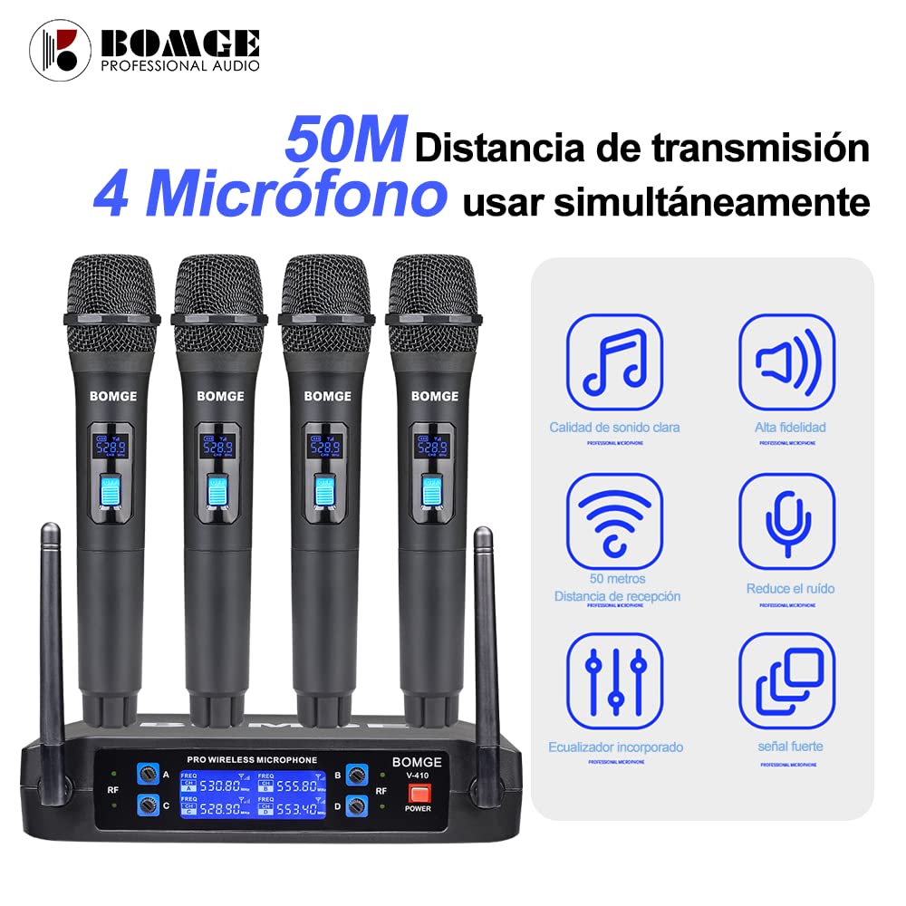 BOMGE Wireless Microphone System, Pro 4-Channel Cordless Mic Set with Four Handheld Mics, Fixed Frequency, Long Range 200ft, Ideal for Church,Karaoke