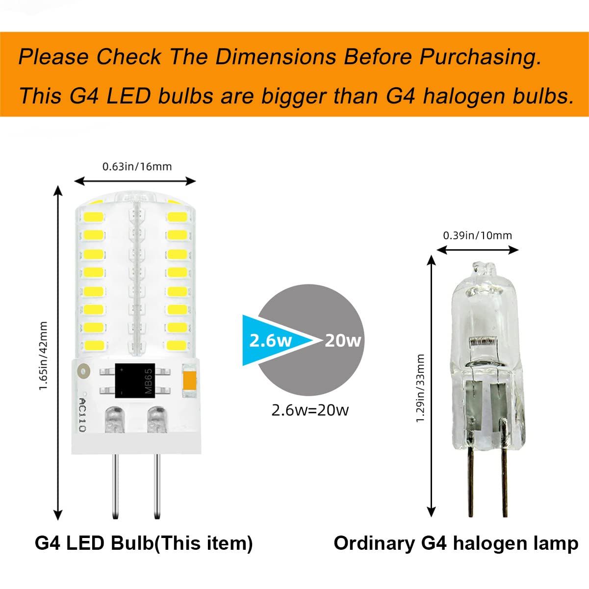TZHILAN TIANZHILANSKY Pack 10 G4 LED Bulb Dimmable 110V 120V 2.6W 280 Lumens 64pcs Silicone Lamp Equivalent to 20W Halogen Bulb Replacement Daylight