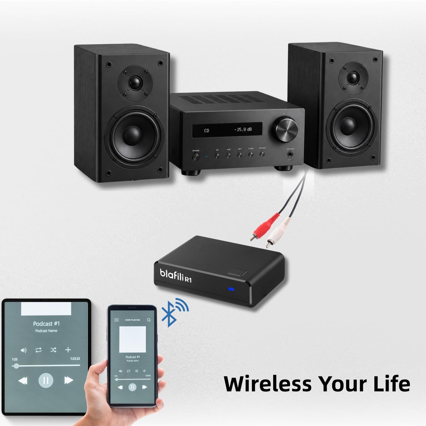 blafili R1 Bluetooth Receiver for Home Stereo, No Beeps Bluetooth Music Receiver with RCA Line Out & USB Audio Input, Wireless Audio Adapter