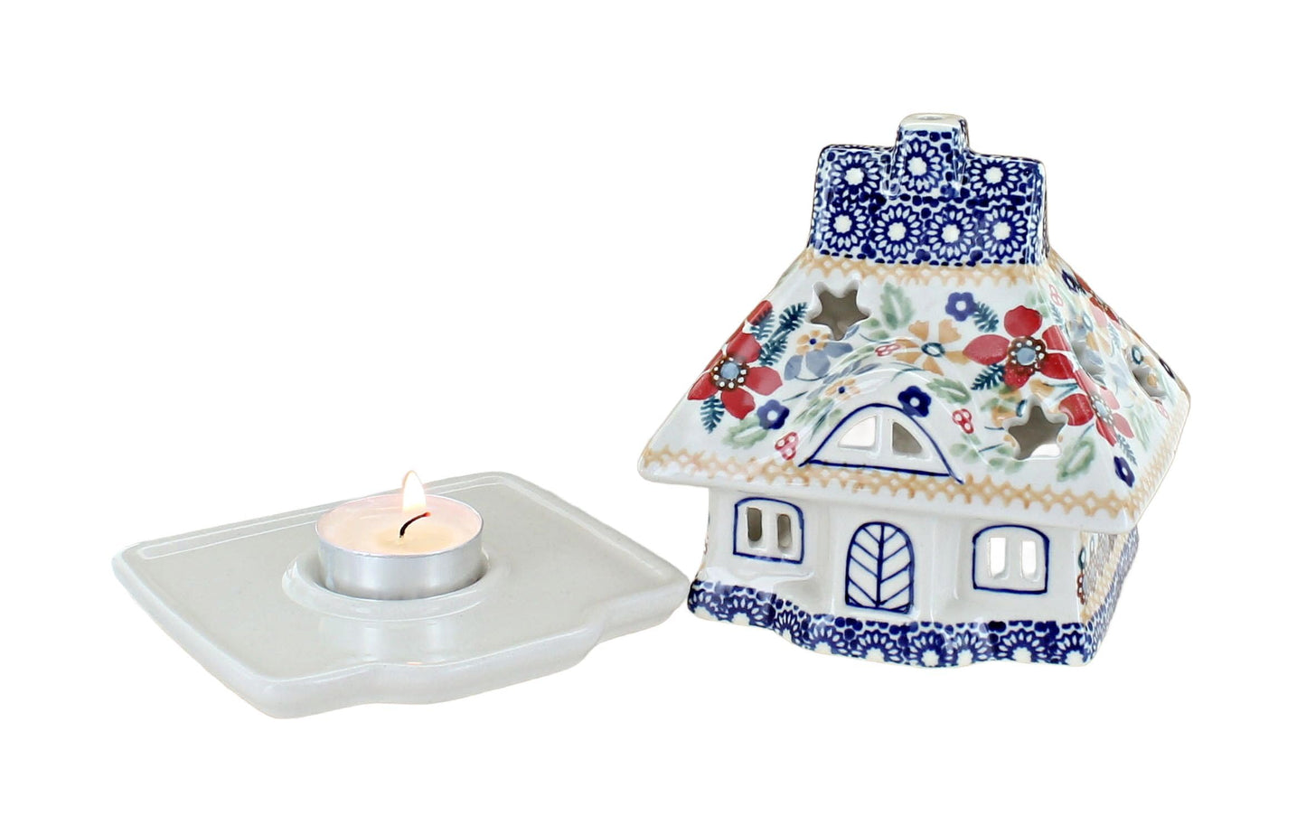 Blue Rose Polish Pottery - Red Daisy House Luminary - 5" x 4.5" - Hand-Painted Polish Pottery Holiday Candle Holder, Unique Christmas Gift & Festive