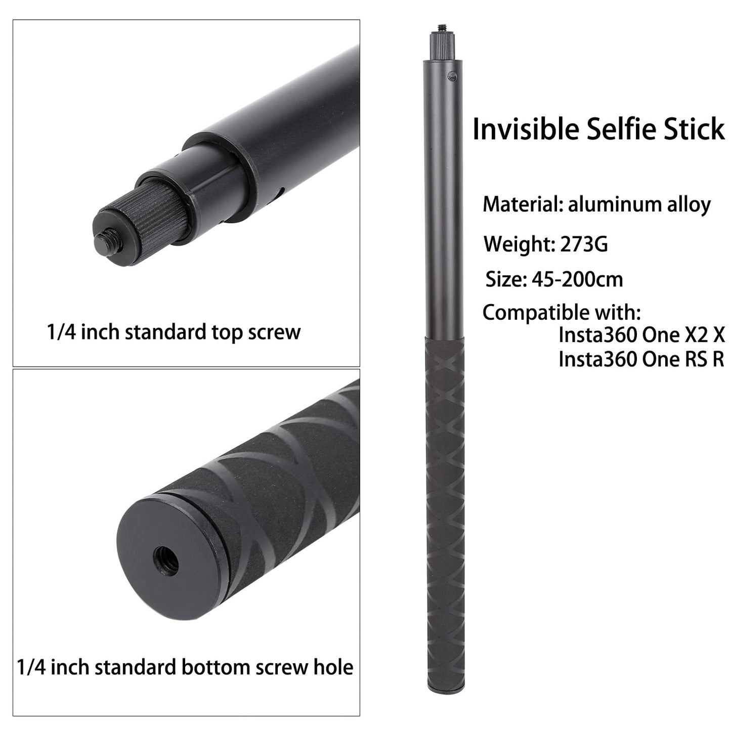 PellKing Long 77inch Invisible Selfie Stick for Insta360 ONE X5,X4, X3, X2, X, Insta360 ONE R, RS, DJI OSMO 360,GoPro Max, Insta 360 Camera 1/4"