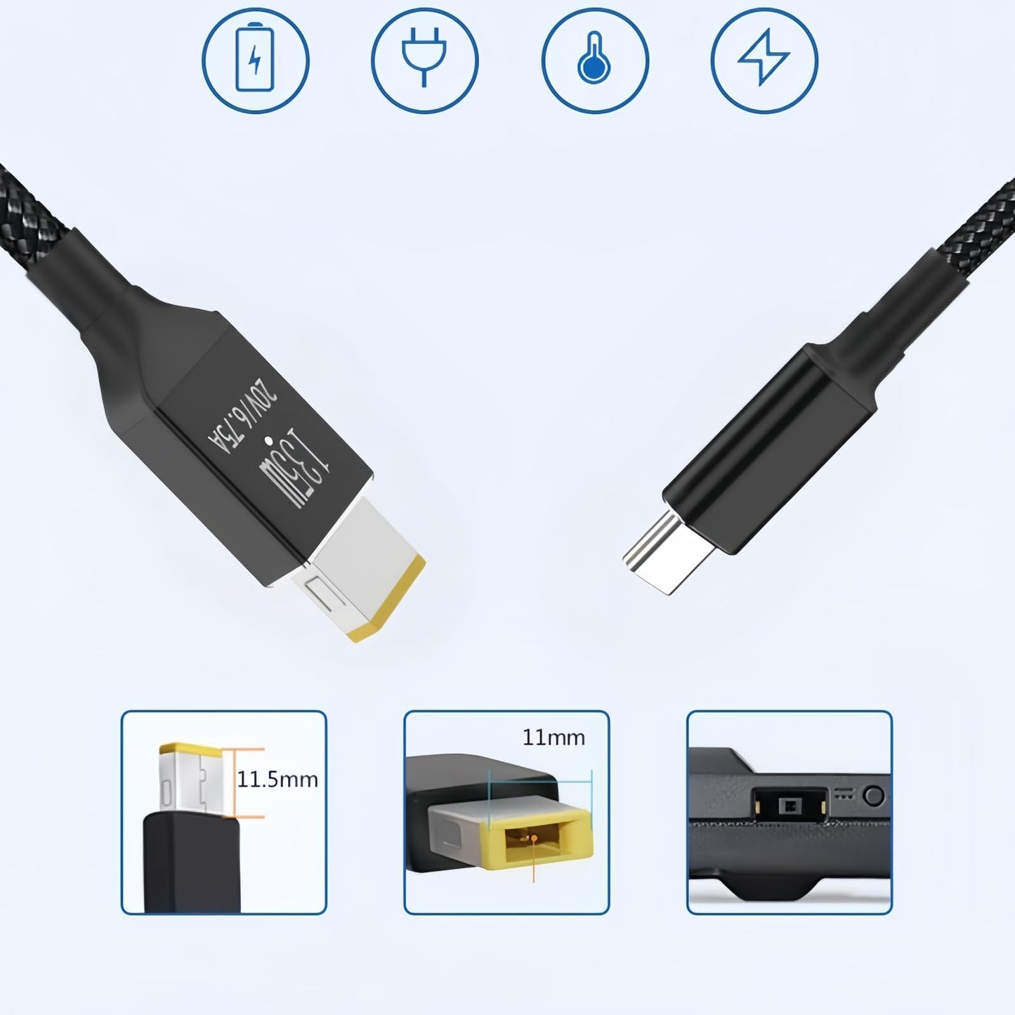 JASHALO 135W Type-C USB-C Cable to DC Rectangle 11.0 * 4.5mm Power PD Charge Cable for Thinkpad X1 Legion Y7000P Laptop DC20V 6.25A (1)