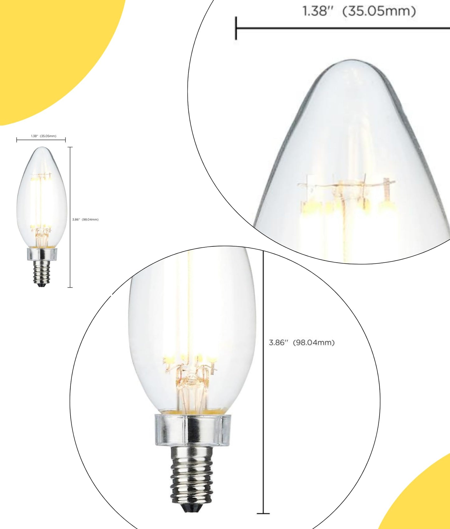 Satco 3W LED B11 Candle Light Bulb 3000K Soft White 200 Lumens Clear Finish E12 Candelabra Base Dimmable 300 Degree Beam Enclosed Fixture Rated Wet