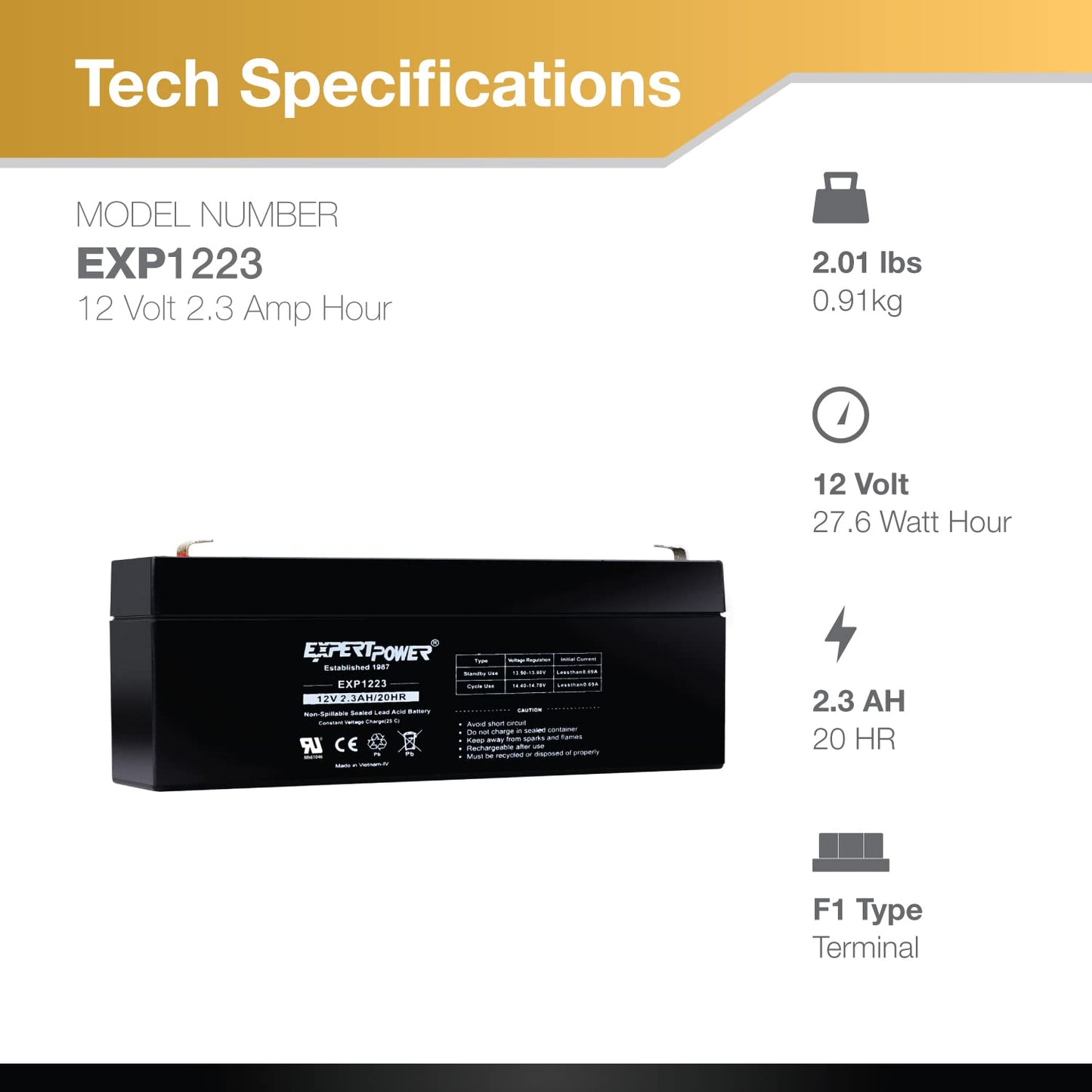 ExpertPower® 12 Volt 2.3 Ah Rechargeable Battery // EXP1223