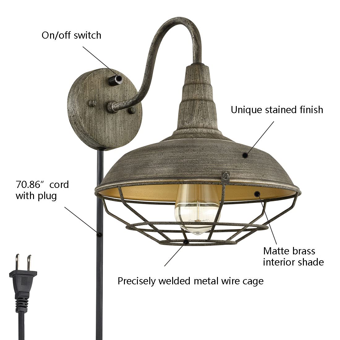 HOLKIRT Wall Sconce with Plug in Cord and On Off Switch,Retro Gooseneck Wall Light Fixtures for Bedroom Nightstand