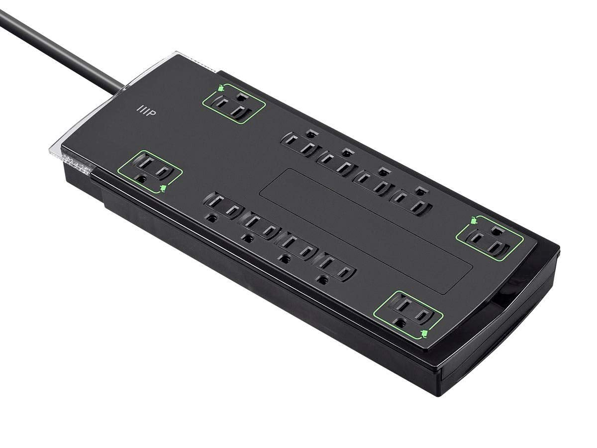 Monoprice 12 Outlet Slim Surge Protector - UL Rated, 4,230 Joules, Grounded And Protected Light Indicator, 10 Feet, Black