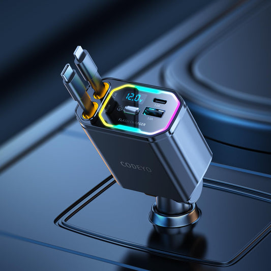 CODEYO Retractable Car Charger, [RGB Light][PD 65W][35.43 inches Retractable Cord][107W USB C Car Charger Adapter], Type C Car Charger for iPhone