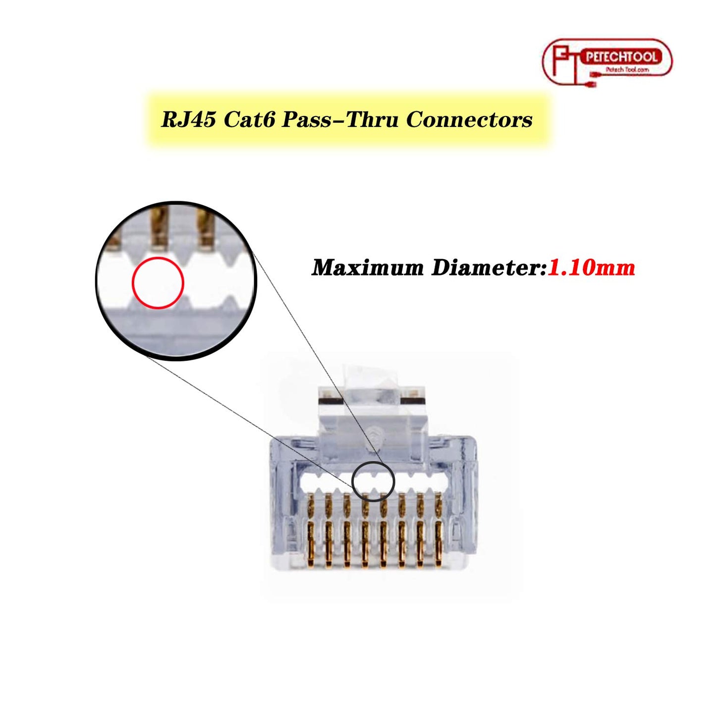 PETECHTOOL RJ45 Cat5 Cat6 Pass Through Connectors 8P8C Ehternet Modular End Plug (50 Pieces)