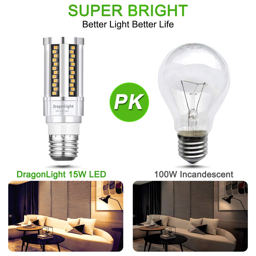 DragonLight 15W Super Bright Corn LED Light Bulbs Fanless(150 Watt Equivalent) - 3000K Warm White 1,800 Lumens E26 Base LED Lamp for Residential