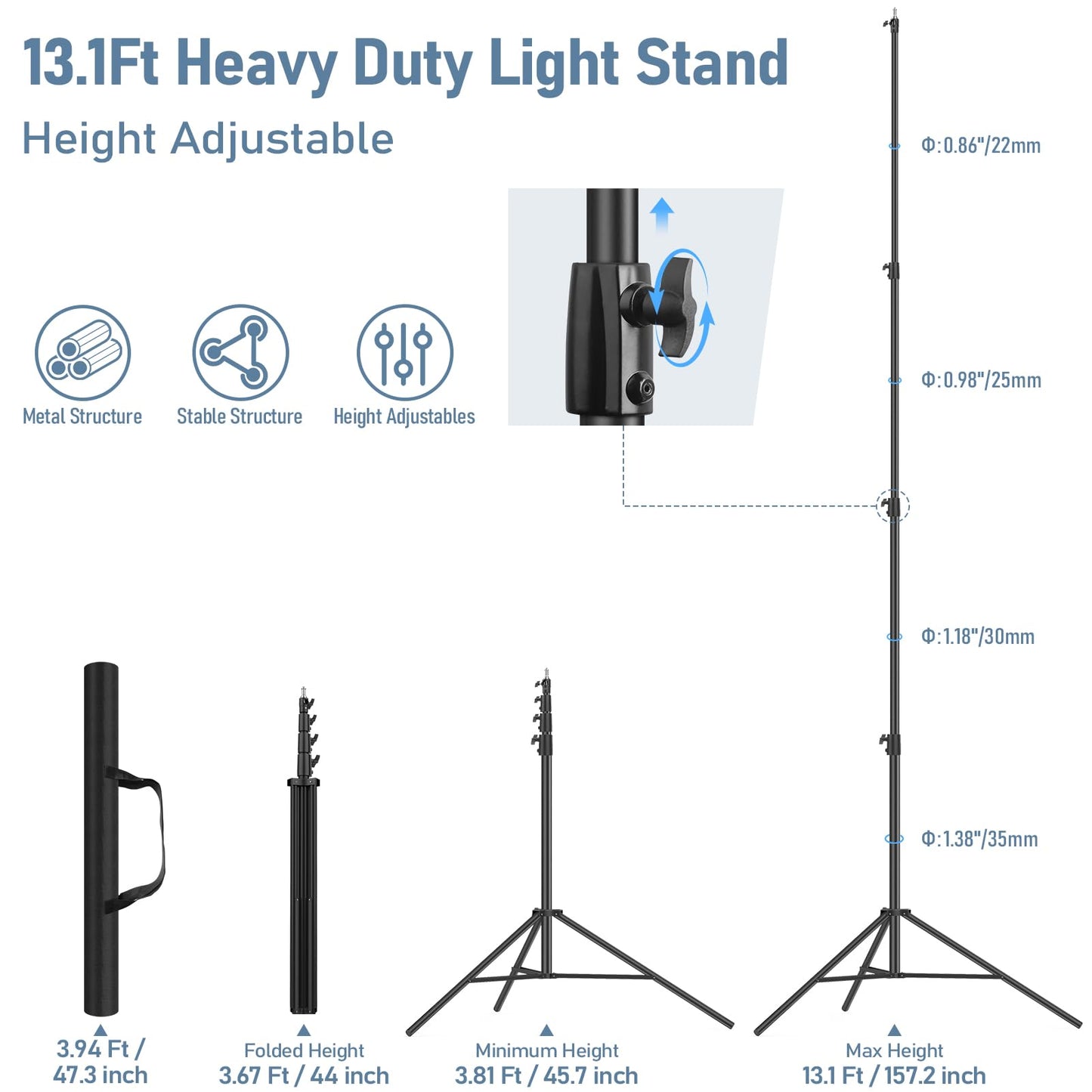 13.1' Heavy Duty Light Stand Photography, Sdfghj 157.2in/4m Adjustable Metal Professional Sky High Tripod with Air Cushioned with 1/4"& 3/8" Screw