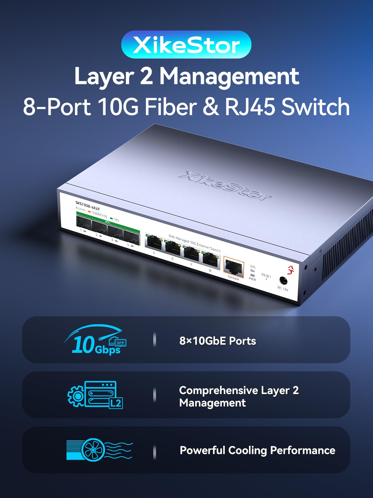 L2 Managed 8 Port 10G Ethernet Switch, 10Gb Network Switch with 4X RJ45 & 4X SFP+ Ports, Support VLAN/LACP/IGMP/QoS/STP, Built-in Smart Fan