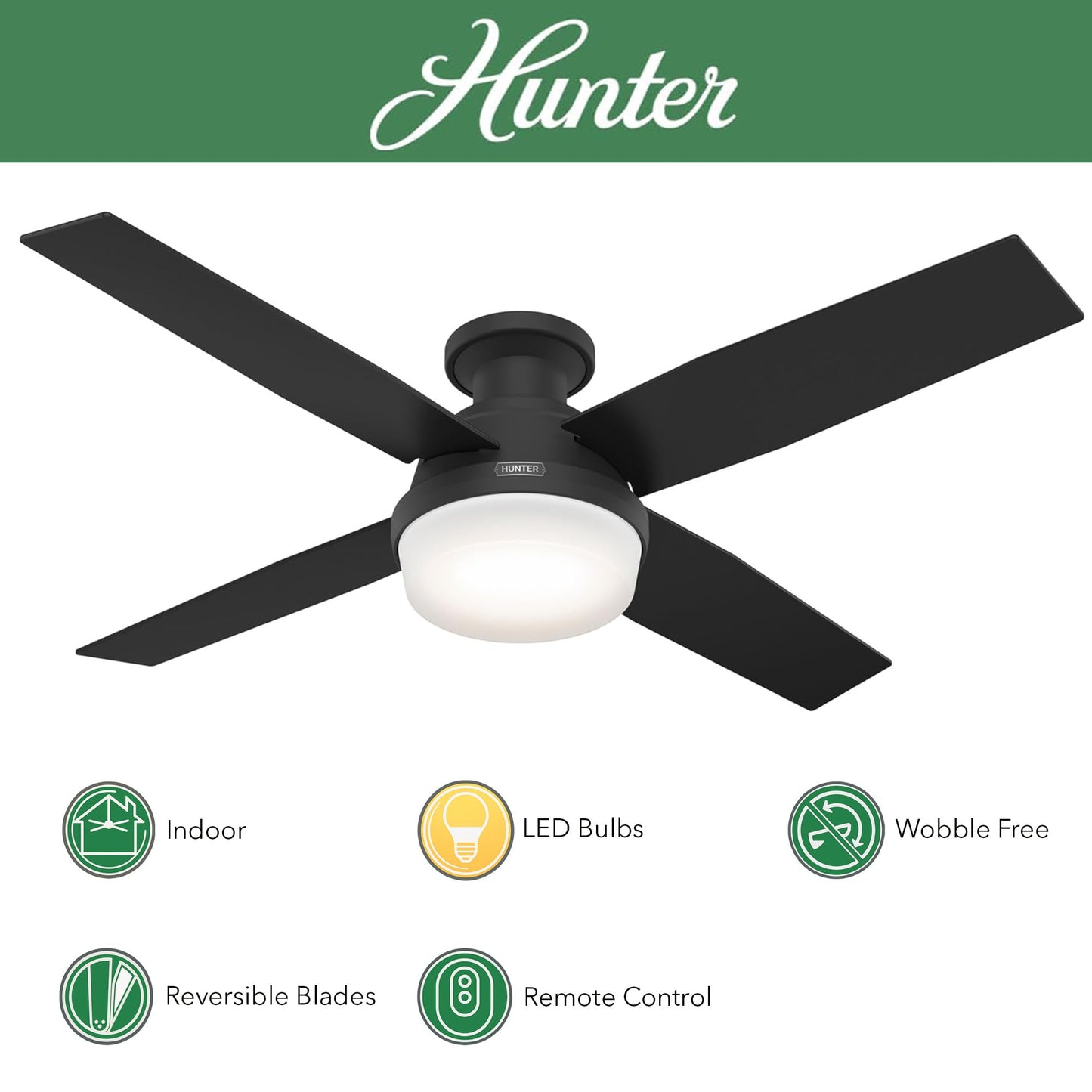 Hunter Fan 52 Inch Low Profile Matte Black Finish Indoor Ceiling Fan With LED Light Kit and Remote Control (Renewed)
