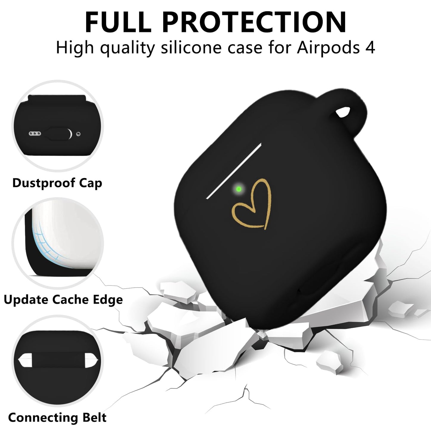 AIIEKZ Compatible with AirPods 4 Cover 2024, Soft Silicone Case With Gold Heart Pattern for 4th Generation, Rhinestone Studded Letter A-Z Keychain (M