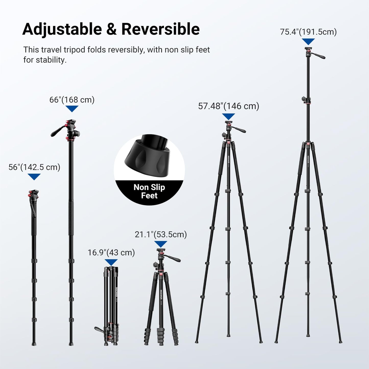 NEEWER Basics Overhead Camera Tripod Monopod with Fluid Head & Horizontal Center Column, 75.4 Inch Tall Metal DSLR Video Travel Stand, Arca Type QR