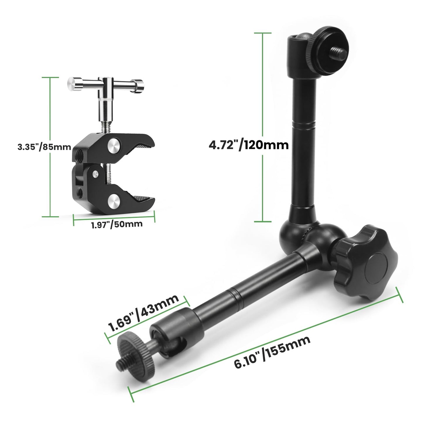 MOKOSE 10 inch Articulating Magic Arm with Super Clamp and Wall Mount Base,Friction Arm Mount for LCD Monitor LED Light Camera Rig