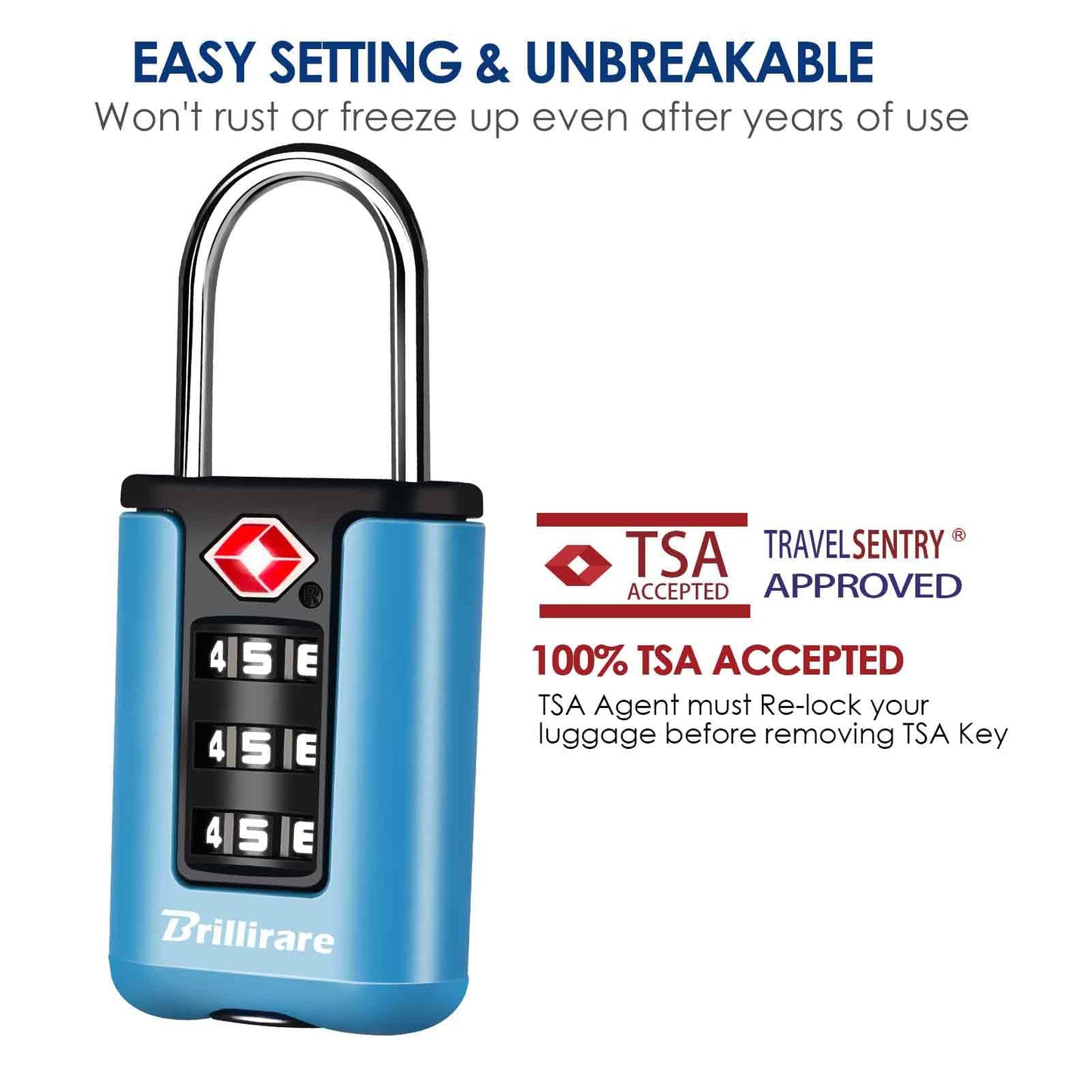 BRILLIRARE TSA Approved Luggage Locks 2 Pack – 3 Digit Waterproof Combination Padlocks, Resettable Travel Locks for Bags, Lockers & Gym (Blue)