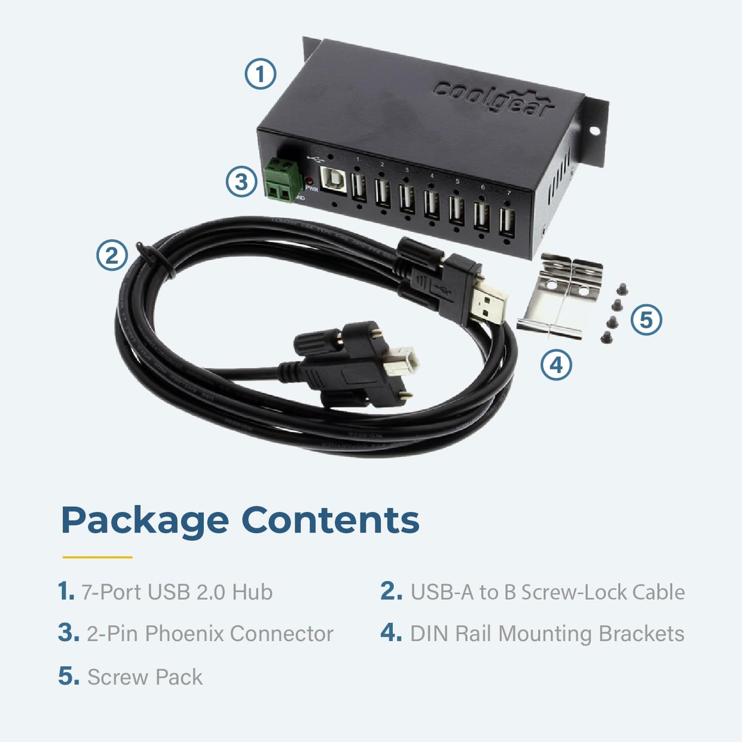 Coolgear Industrial 7 Port USB 2.0 Hub with NEC Chip, Surge Protection, Screw Lock Ports for Secure Connections, Surface & DIN Rail Mount Ready